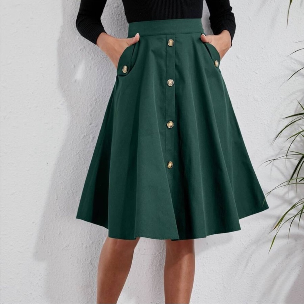 Classic Dark Green Button Detail Pocket Midi Skirt Work Office XS S M L XL - Picture 1 of 3
